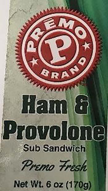 Product labeling, Premo Ham & Provolone Sub Sandwich 6 oz