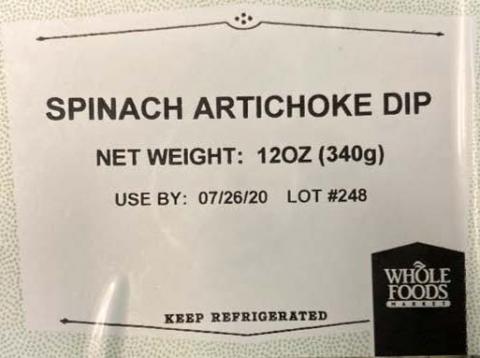 “Whole Foods Spinach Artichoke Dip, 12 oz container label”