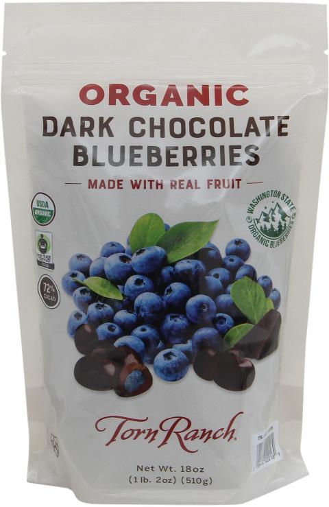 Front of package, Torn Ranch Organic Dark Chocolate Blueberries