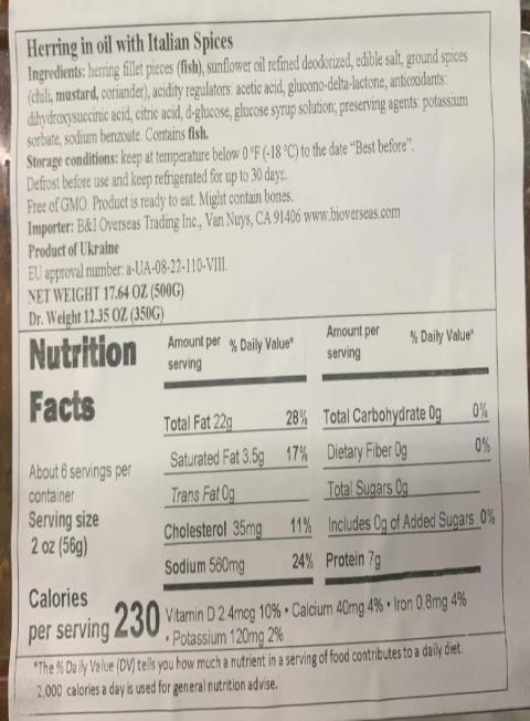 “Herring in Oil with Italian Spices, Nutrition Facts”
