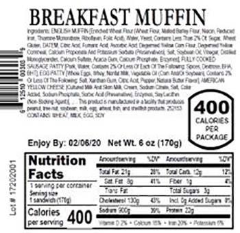 Product labeling, Fresh Grab Breakfast Muffin