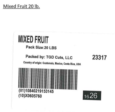 Label for Mixed Fruit 20 lb