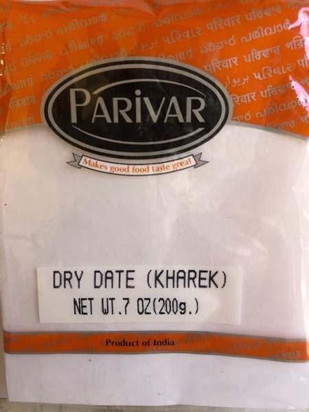 Package Front:  PARIVAR, DRY DATES (KHAREK), 7 OZ.
