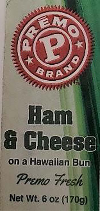 Product labeling, Premo Ham & Cheese on a Hawaiian Bun 6oz
