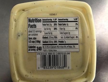 “Product bottom image, Nutrition Facts and bar code, Archer Farms-brand Egg Salad 12 oz”