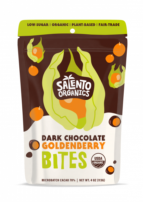 Product image, Salento Organics Dark Chocolate Goldenberry Bites, 4oz.