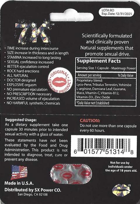 Back Label 1 Capsule Blister Pack:  7K Supplement Facts