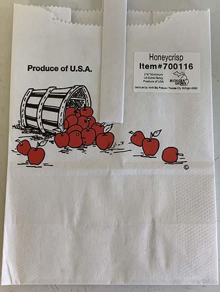 “Honeycrisp apples Quarter Peck Paper Tote Bag, Product of MI-USA” 