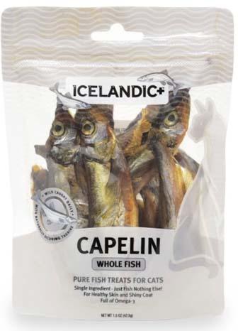 Label Front:  ICELANDIC+ CAPELINE WHOLE FISH FOR CATS, 1.5 oz. Bag