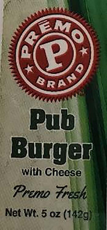 Product labeling, Premo Pub Burger with Cheese 5oz