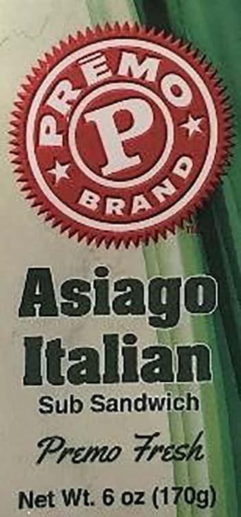 Product labeling, Premo Asiago Italian Sub Sandwich 6 oz 