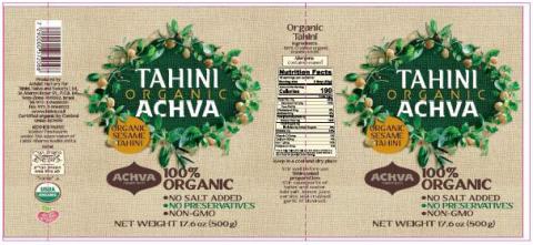 Label – ACHVA, ORGANIC SESAME TAHINI, NET WEIGHT 17.6 oz (500g)