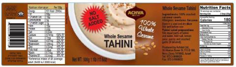 Label – ACHVA, Whole Sesame TAHINI, NO SALT ADDED, Net WT 500g 1.1lb (17.6oz)
