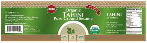 Image 2- Label – BARON Organic TAHINI Pure Ground Sesame, NET WT. 16oz (454g)