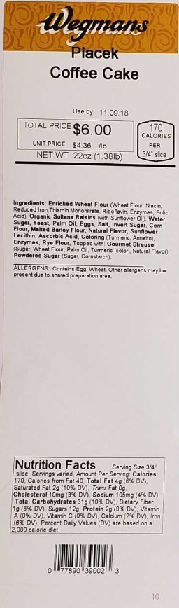 Image 1 - Label, Wegmans Placek Coffee Cake