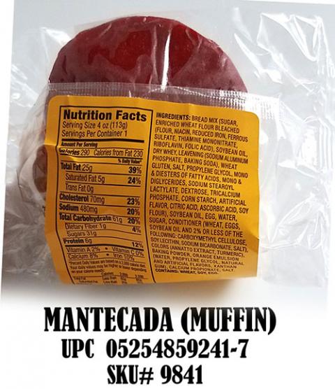 Mantecada (Muffin) UPC 05254859241-7 SKU# 9841 - back label