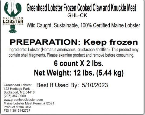 Master case label Frozen Cooked Claw and Knuckle Meat 2 lbs.
