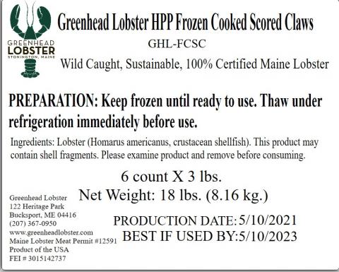 Master case label for Frozen Cooked Scored Claws 3 lbs. 