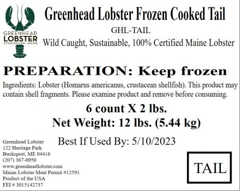 Master case label for Frozen Cooked Tail Meat 2 lbs.