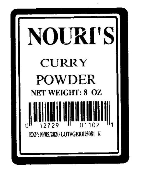 Nouri’s Curry Powder, 8 oz., label UPC 0 12729 01102 1