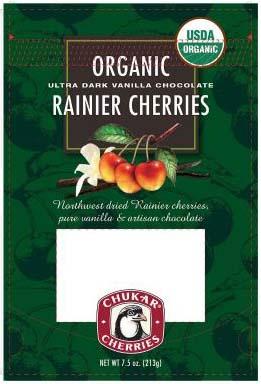 Image 2 - Organic Ultra Dark Vanilla Chocolate Rainier Cherries, Front Label, Net Wt. 7.5 oz