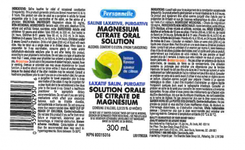 Personnelle Saline Laxative, Purgative, Magnesium Citrate Oral Solution Lemon Flavour