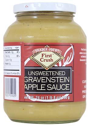 Product image, Trader Joe's First Crush Unsweetened Gravenstein Apple Sauce, 24 oz. glass jar