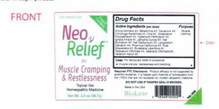 Product image, front of NeoRelif muscle cramping & restlessness, Feb 2017 through April 2018 Label Design