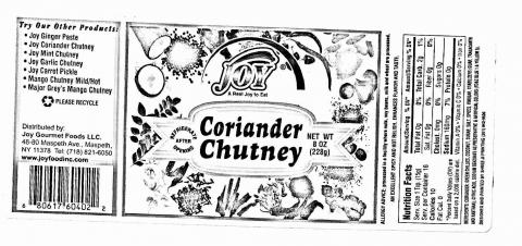 Image 1 - Product label, Joy brand Coriander Chutney Net Wt 8 oz (228g)