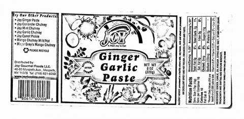 Image 2 - Product label, Joy brand Ginger Garlic Paste Net Wt 8 oz (228g)