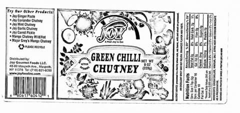 Image 1 - Product label, Joy brand Green Chilli Chutney Net Wt 8 oz (228g)
