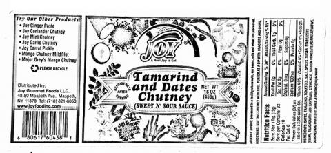Image 2 - Product label, Joy brand Tamarind and Dates Chutney Net Wt 16 oz (456g)