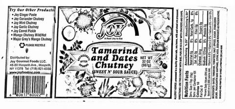 Image 2 - Product label, Joy brand Tamarind and Dates Chutney Net Wt 32 oz (907g)