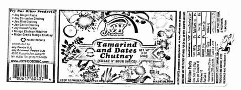 Image 2 - Product label, Joy brand Tamarind and Dates Chutney Net Wt 8 oz (228g)