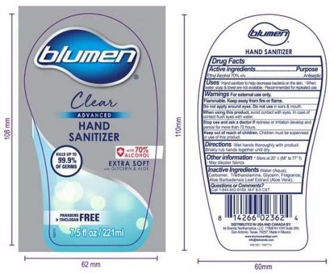 Image 2 - Product label front and back, BLUMEN ADVANCED CLEAR HAND SANITIZER 7.5 FLOZ 