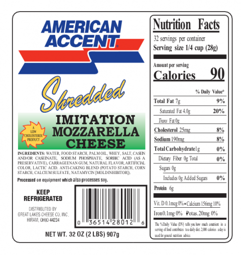 Label, American Accent Shredded Imitation Mozzarella Cheese