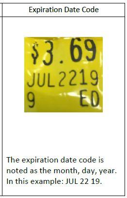The expiration date code is noted as the month, day, year. In this example: JUL 22 19