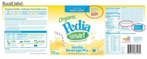 Incorrect recalled label, Pedia Smart Soy Vanilla Beverage Mix