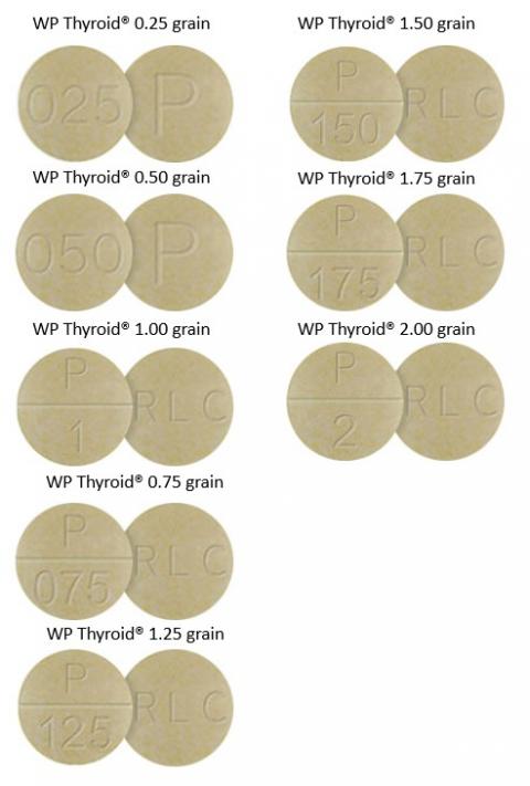 Photo WP Thyroid of pills in 0.25, 0.50, 1.00, 0.75, 1.25, 1.50, 1.75, 2.00 grain