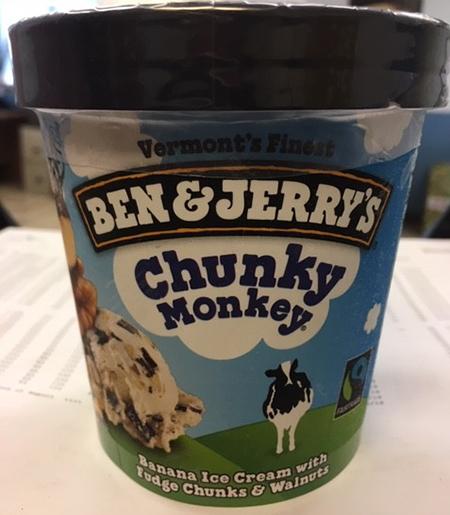 “Ben & Jerry’s Chunky Monkey, Banana Ice Cream with Fudge Chunks & Walnuts”