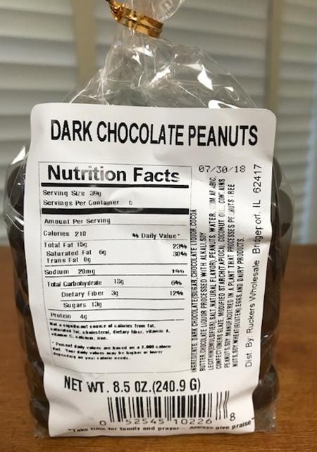 Package Back – Family Choice DARK CHOCOLATE PEANUTS Nutrition Facts Label