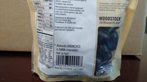Back Label, Woodstock Dark Chocolate Almonds