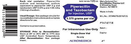 Label, Auromedics Piperacillin and Tazobactam for Injection, USP 3.375 grams per vial