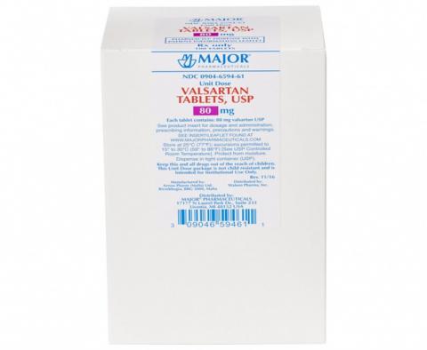 Product packaging image Major Pharmaceuticals Valsartan Tablets, USP 80 mg