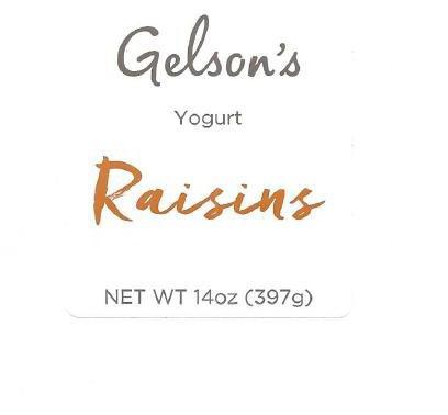 Product Front Label, Gelson’s Yogurt Raisins, NET WT 14 oz (397 g)