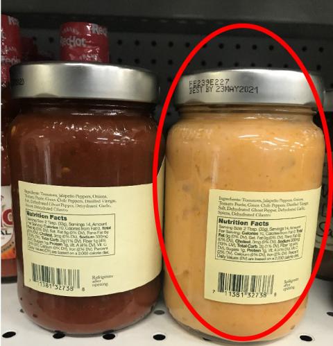 Circled jar (right) is the nutrition facts label for Ghost Pepper Salsa with Ghost Pepper Queso in the jar.