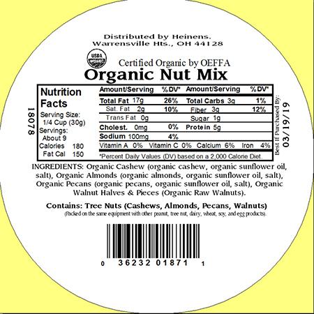 Heinens Organic Nut Mix Nutrition Facts Label