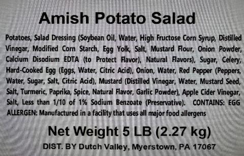 Labeling, Amish Potato Salad, Distributed by Dutch Valley