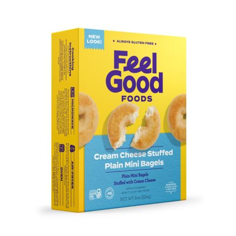 3.	“feel good foods, Gluten-Free Breakfast Cream Cheese Stuffed Mini Bagels, Everything seasoned mini bagels”