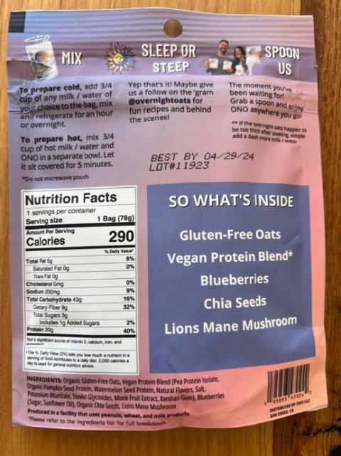 Vegan Blueberry Muffin Protein Overnight Oats labeled with Best By date 04/29/24  and Lot# 11923